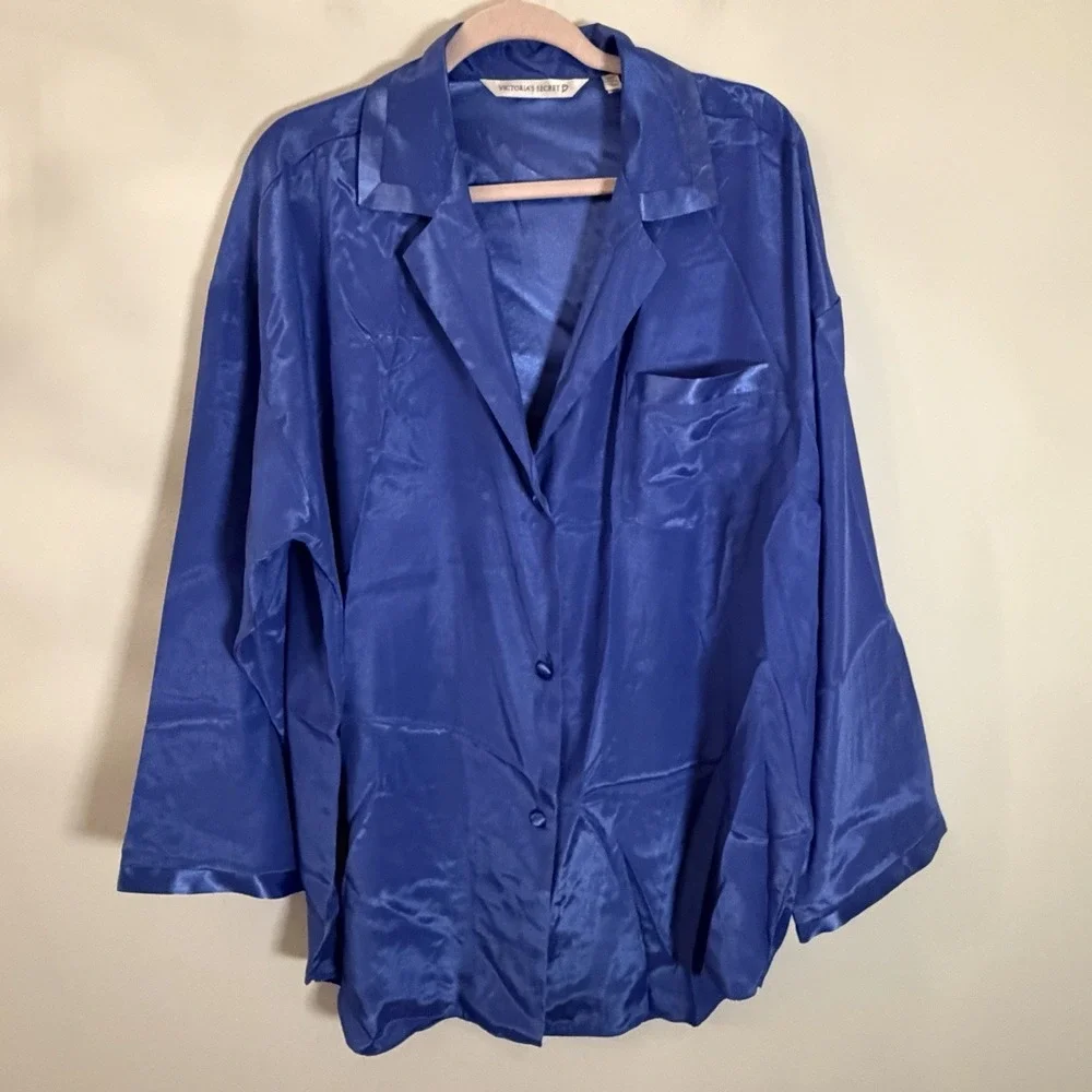 Victoria Secret 2 Piece Purple Satin Pajama Set Women's L Button Up Top & Pants
